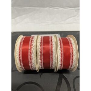 Vintage Offray Holiday Ribbon Red 12 Ft. #9 Satin & Lace 1  7/16" Wide 3 Rolls